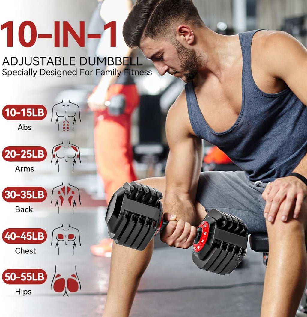 25/55lb Pair Adjustable Dumbbell Set, Adjustable Dumbbells Set of 2, 5 in 1/10 in 1 Free Weights Dumbbells Set with Anti-Slip Texture Handle, Weight Set For Home Gym Suit both Men and Women