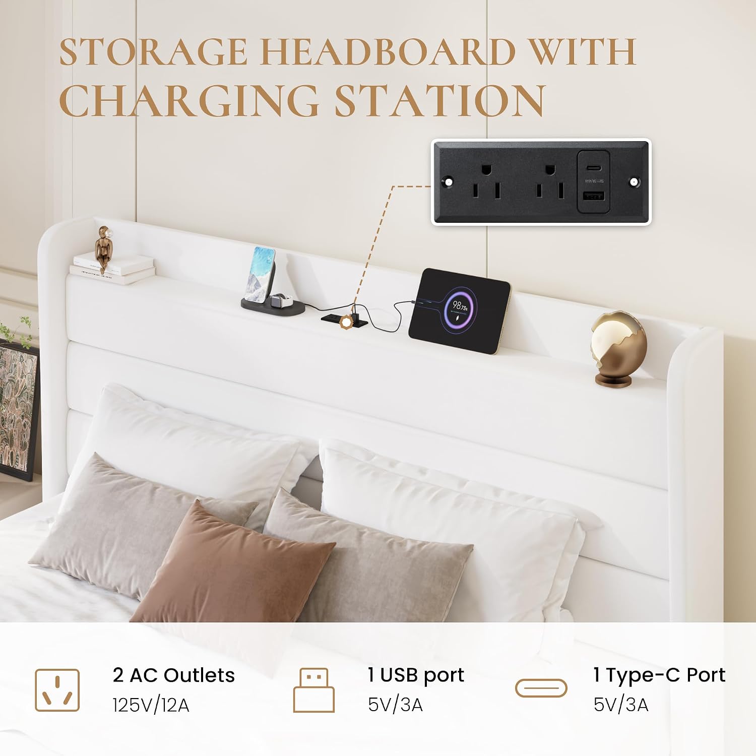 SHA CERLIN King Size Bed Frame with Charging Station, Velvet Upholstered Platform Bed, Wingback Storage Headboard, Type-C & USB Ports, Strong Wooden Slats, No Box Spring Needed, Easy Assembly, White