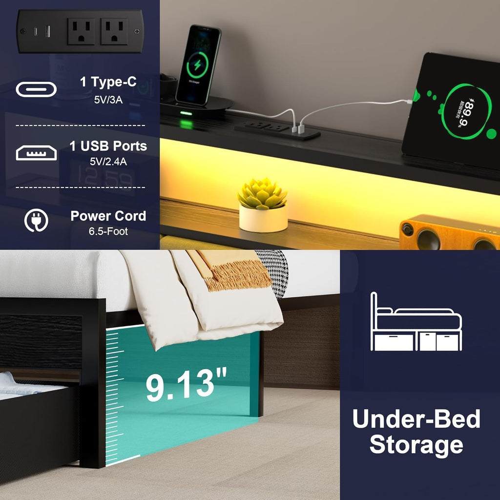Twin Bed Frames with Storage Drawer, Platform Bed with Charging Station and LED Lights, Upholstered Headboard with 2-Tier Storage Shelves, No Box Spring Needed