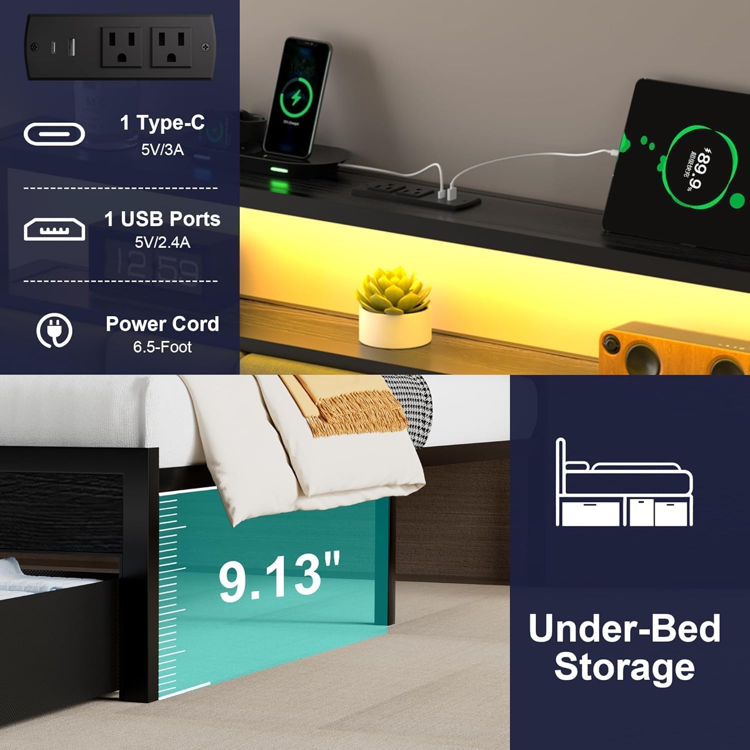 Twin Bed Frames with Storage Drawer, Platform Bed with Charging Station and LED Lights, Upholstered Headboard with 2-Tier Storage Shelves, No Box Spring Needed