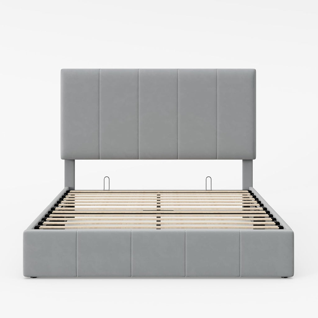 Allewie Full Size Velvet Lift Up Storage Bed Frame, Vertical Channel Tufted Headboard, Hydrualic Underneath Storage, Upholstered Platform Bed, Wooden Slats Support, No Box Spring Needed, Gray