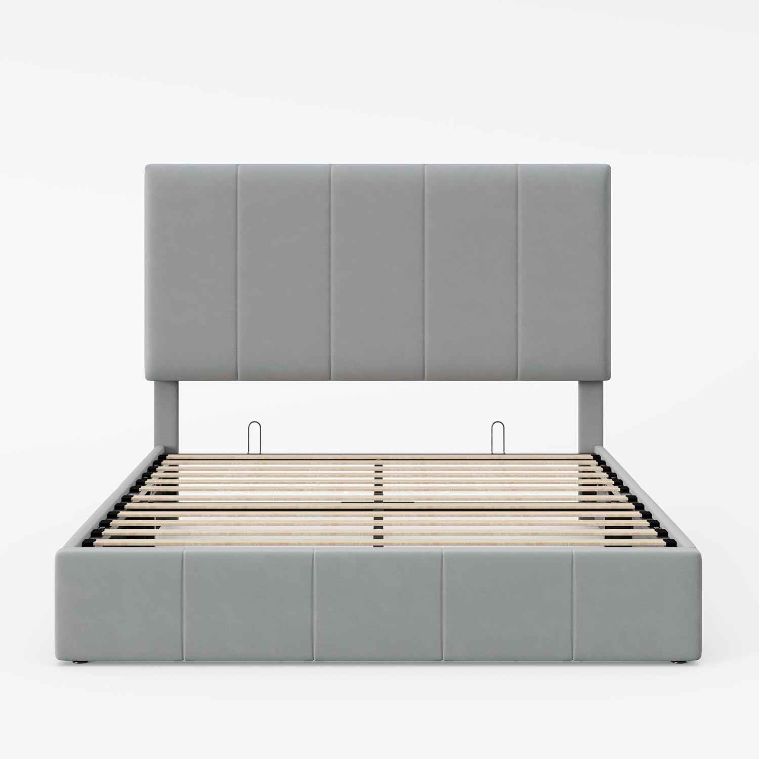 Allewie Full Size Velvet Lift Up Storage Bed Frame, Vertical Channel Tufted Headboard, Hydrualic Underneath Storage, Upholstered Platform Bed, Wooden Slats Support, No Box Spring Needed, Gray