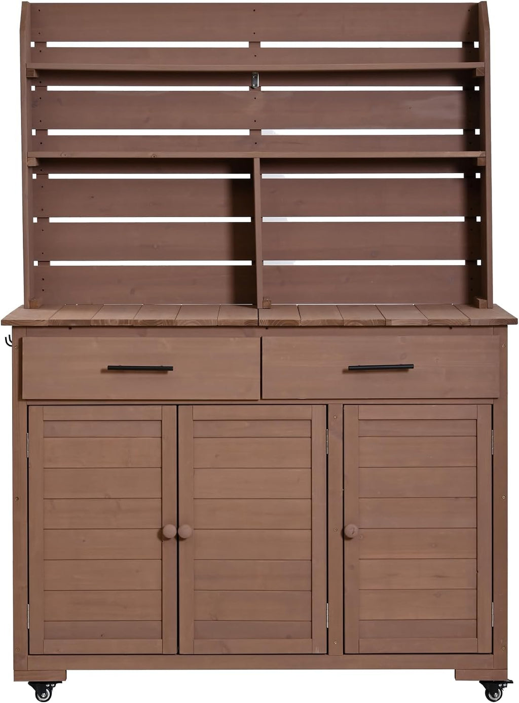 65''H Large Garden Potting Bench with Lockable Wheels and Storage,Wood Outdoor Kitchen Island Prep Cart with Hutch Top,Drawers and Removal Shelves for Grilling (Brown-LG)