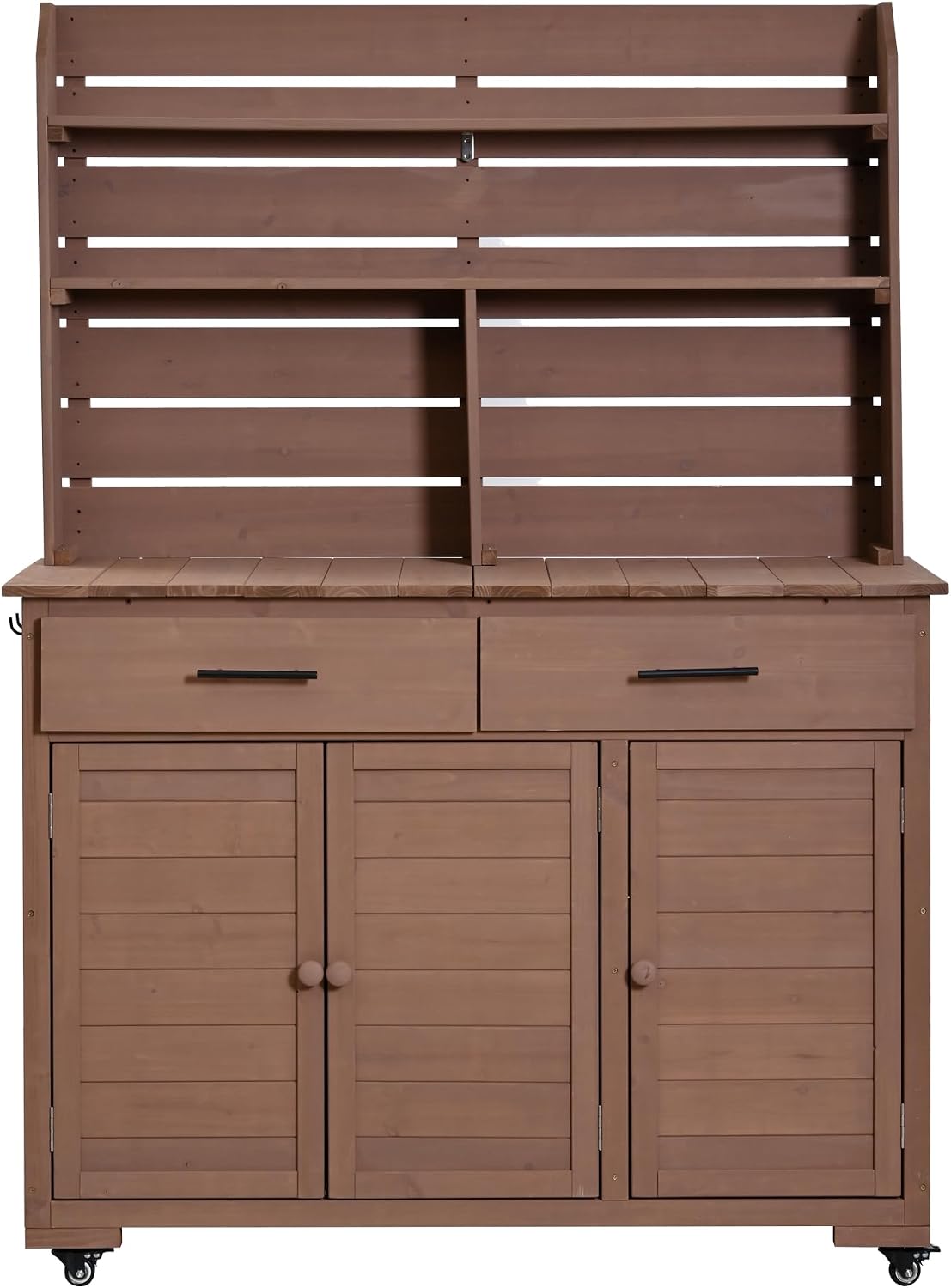 65''H Large Garden Potting Bench with Lockable Wheels and Storage,Wood Outdoor Kitchen Island Prep Cart with Hutch Top,Drawers and Removal Shelves for Grilling (Brown-LG)