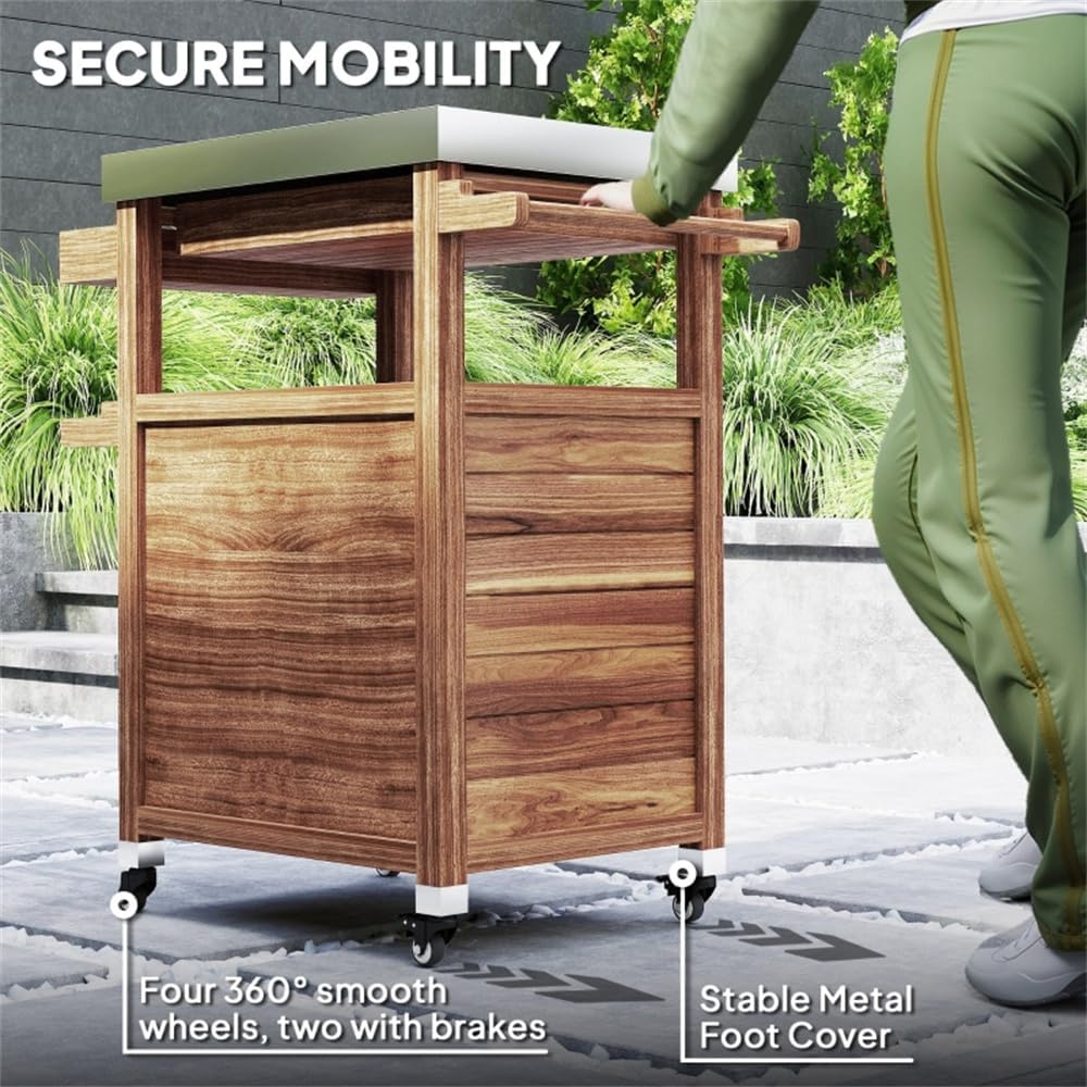 Outdoor Grill Cart with Storage Cabinet, Lockable Wheels & Spice Rack - Stainless Steel BBQ Prep Table for Pizza Oven, Serving Cart, Potting Table (Brown, 33.3' W)