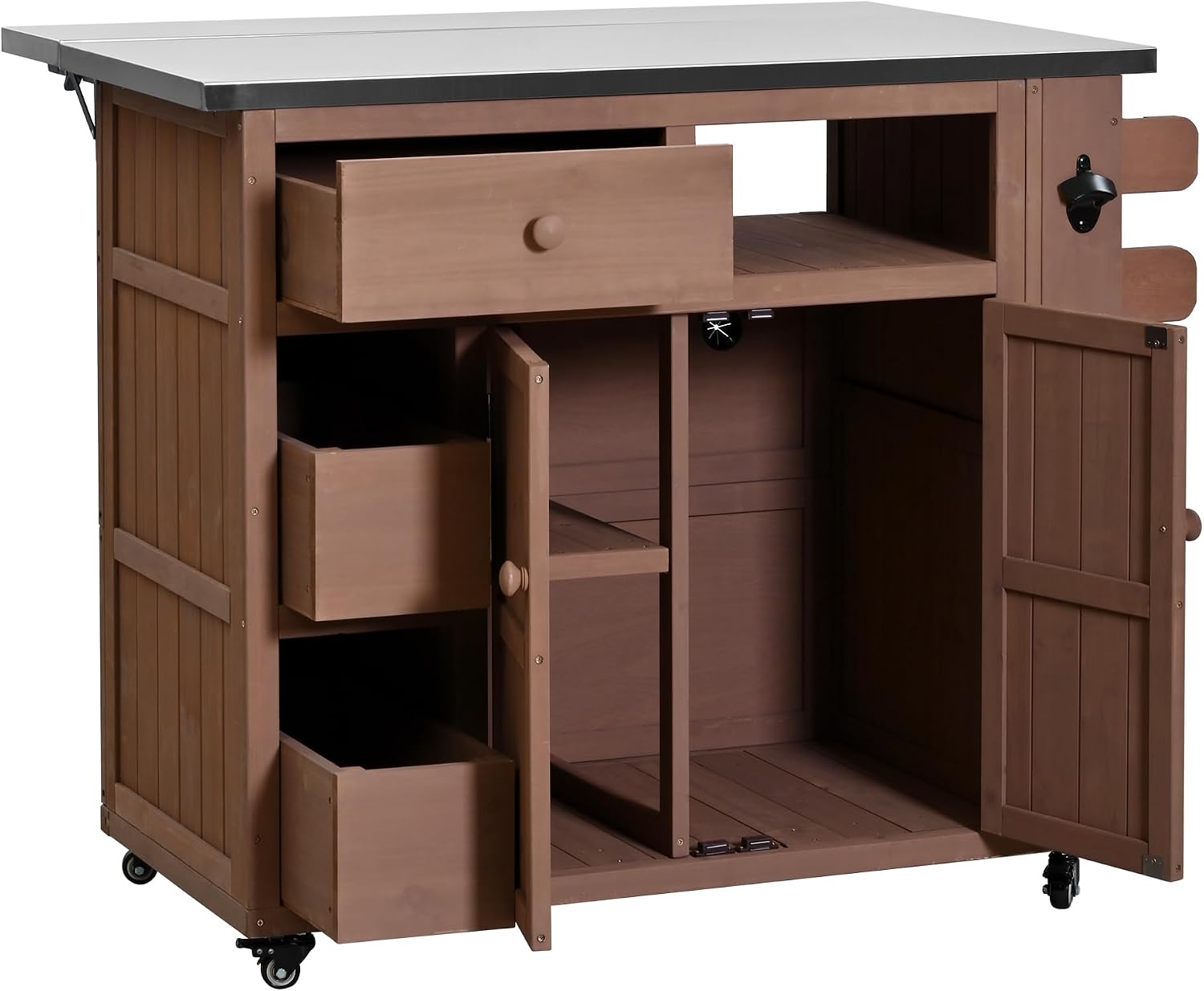 Roomfitters Outdoor Grill Cart and BBQ Prep Station, Stainless Steel Top, Rolling Kitchen Island Potting Bench, Brown