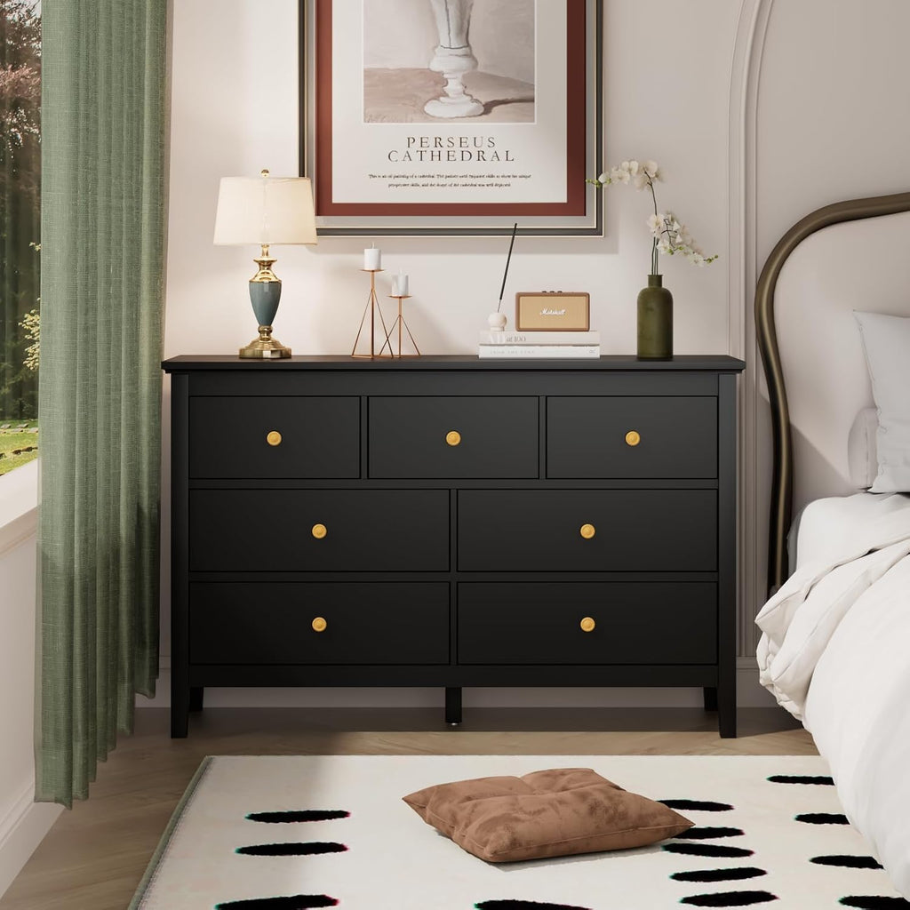CARPETNAL 7 Drawers Dresser for Bedroom, Black Dressers & Chests of Drawers with Gold Handles and 7 Large Drawer, Modern Wooden Storage Organizer Cabinet for Hallyway, Entryway