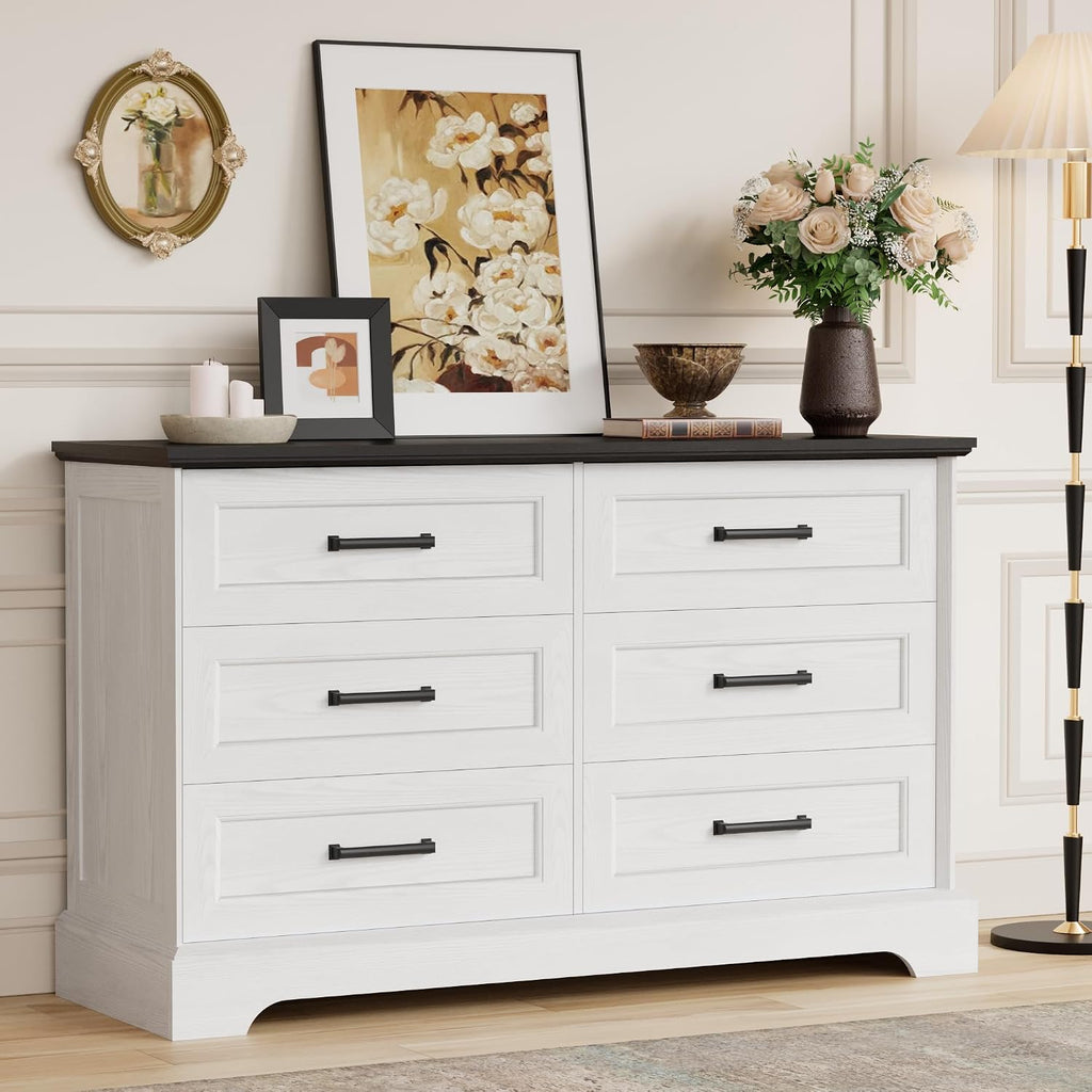 Furmax Farmhouse Dresser for Bedroom, 6 Drawers Dresser, Wood Chest of Drawers, 47.2' Wide Storage Dressers Organizer for Bedroom, Living Room, White and Black