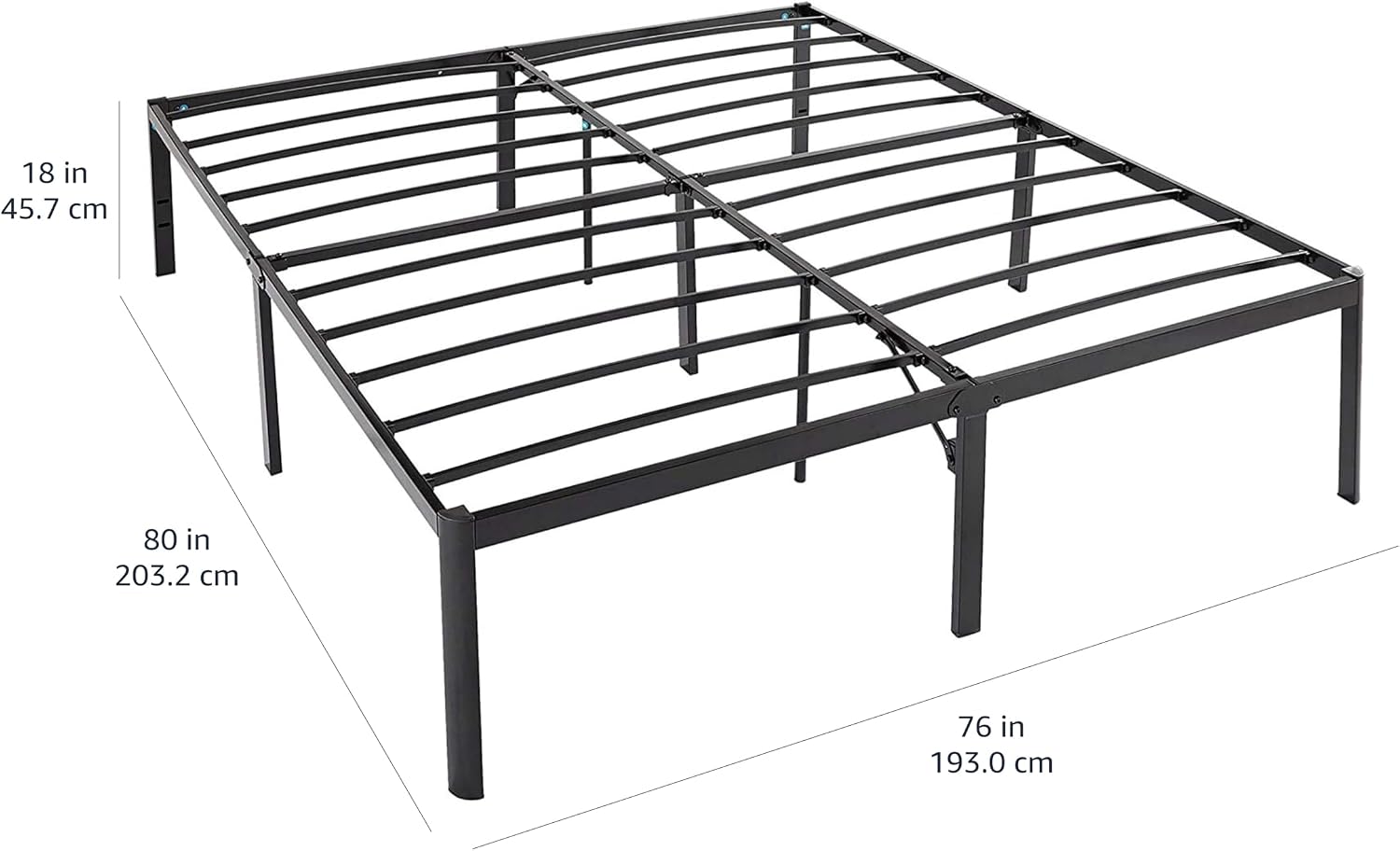 Amazon Basics Sturdy Heavy-Duty Non-Slip Platform Bed Frame, Steel Slat Support, Noise Free, No Box Spring Needed, Under Bed Storage, 18 Inch, King Size, Black