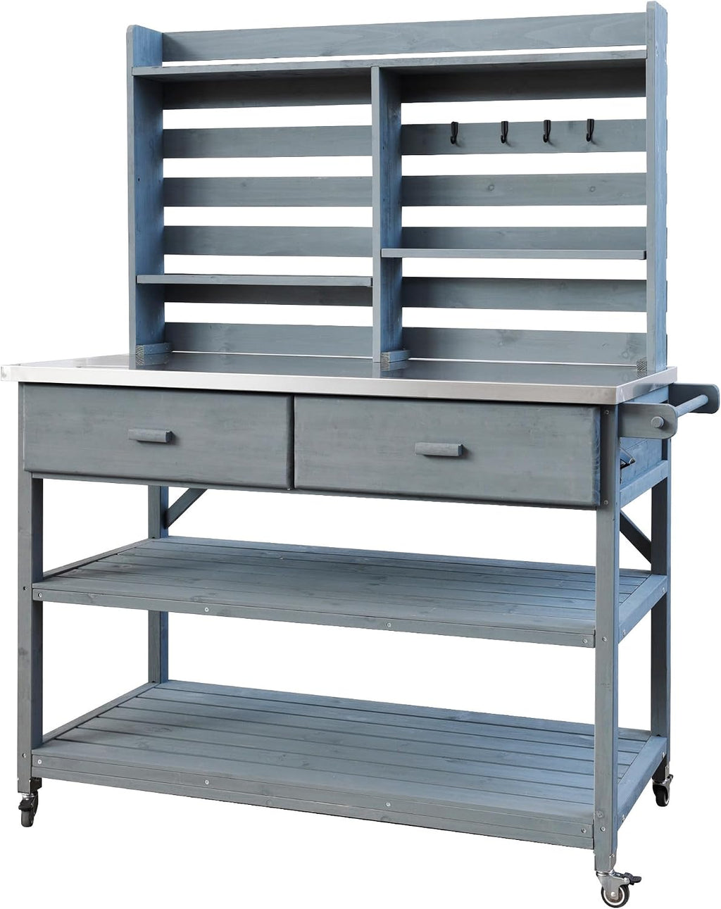 64.9' Outdoor Potting Bench Table with Lockable Wheels, Solid Wood Outdoor Kitchen Island with Upper Hutch, Stainless Steel Top, Towel Rack,Outdoor Storage for Grilling, Lawn Garden, Blue