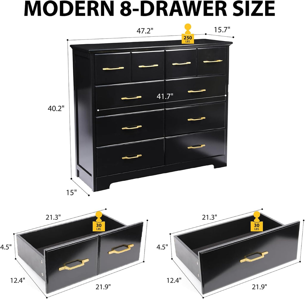 NEDYO 8 Drawer Dressers for Bedroom, 40 Inch Large Wide Dresser, Mid Century Modern Drawer Chest with Gold Hardware, Wooden Chest of Drawers. Black