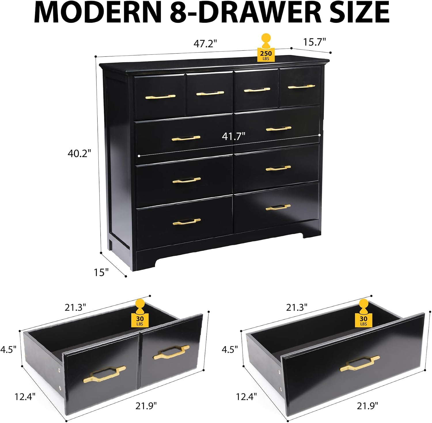 NEDYO 8 Drawer Dressers for Bedroom, 40 Inch Large Wide Dresser, Mid Century Modern Drawer Chest with Gold Hardware, Wooden Chest of Drawers. Black