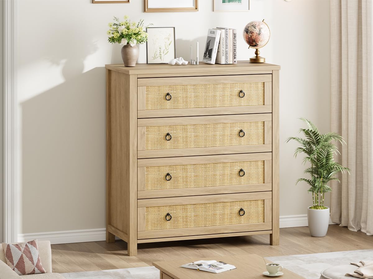 IDEALHOUSE Rattan Dresser for Bedroom, Chest of Dressers 37' Tall Dresser for Closet with 4 Rattan Drawers Chest with Clothes Storage Cabinet, Drawer Organizer for Bedroom, Living Room, Hallway