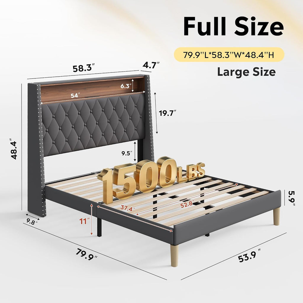 WLIVE Full Size Upholstered Bed Frame with 48'' Tall Wingback Headboard, Velvet Square Tufted Platform Beds with Charging Station, Sturdy Metal & Wooden Slats Support, Grey