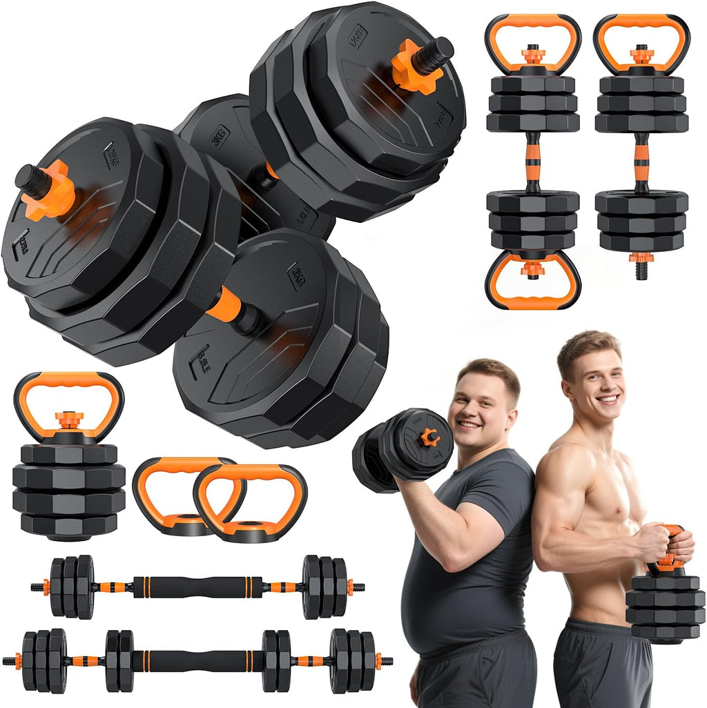 5-in-1 Adjustable Dumbbell Set, 33/44/66/88lbs Free Weights Set with Connector, Used as Kettlebells, Barbell, Push up Stand, Standard 1' Plates, Fitness Exercises for Home Gym Suitable Women/Men