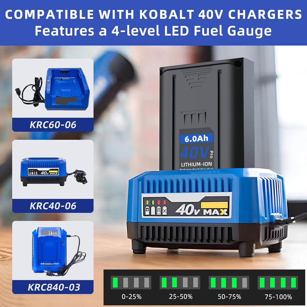 2-Pack 6.0Ah Battery Replacement for Kobalt 40V Battery KB-540-06 KB440-06 KB2540C-06, Rechargeable Lithium Ion Pack Compatible with Kobalt 40 Volt Cordless Tools & Chargers