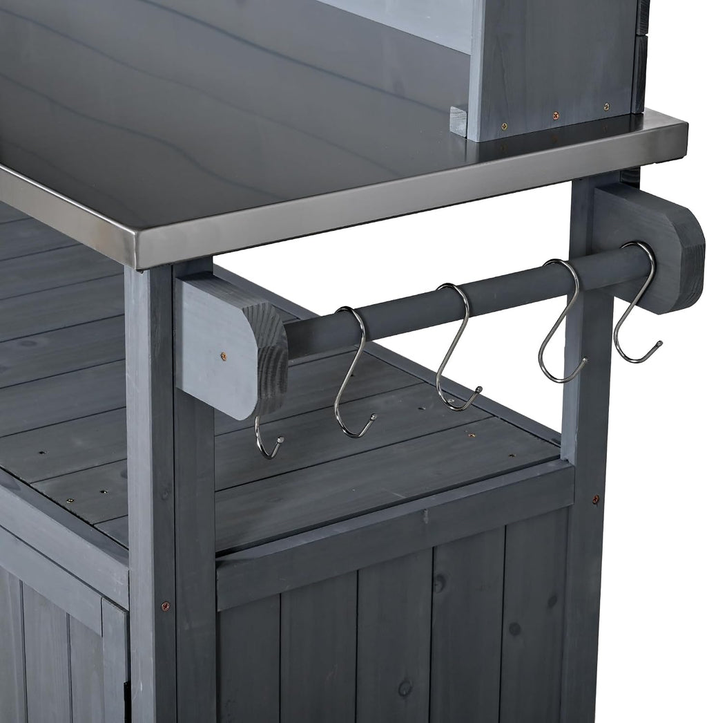 65''H Large Garden Storage Potting Bench with Lockable Wheels, Wood Outdoor Kitchen Island with Stainless Steel top, Drawers, Door Shelves and Hutch for Grilling, Gray