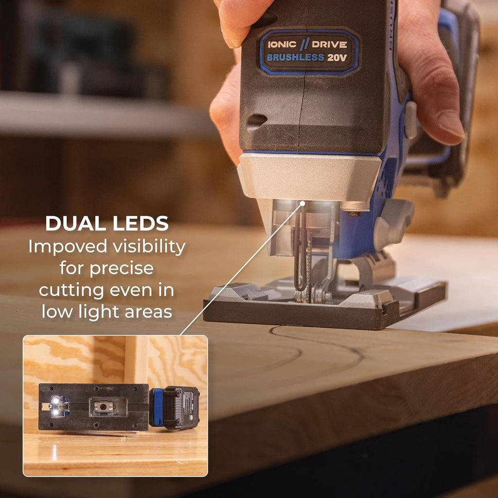 Kreg 20V Ionic Drive Barrel Grip Jigsaw, 20V Blue Ion Charger & Blue Ion 2Ah Battery Pack - Cordless & Compact - Precision Cutting - 20V Variable Speed - LED Lights & Built-In Blower - KPTBJS100A