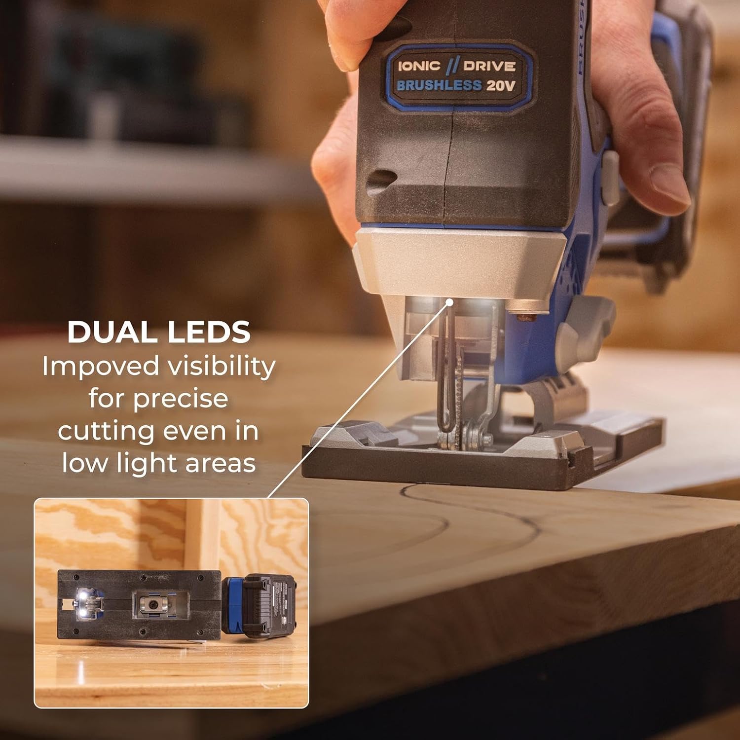 Kreg 20V Ionic Drive Barrel Grip Jigsaw, 20V Blue Ion Charger & Blue Ion 2Ah Battery Pack - Cordless & Compact - Precision Cutting - 20V Variable Speed - LED Lights & Built-In Blower - KPTBJS100A