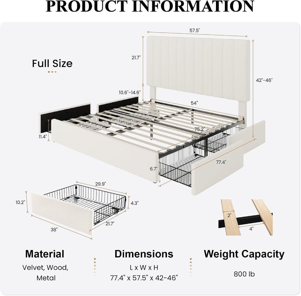 SHA CERLIN Full Size Platform Bed Frame with 4 Storage Drawers, Vertical Channel Tufted Adjustable Headboard, Velvet Upholstered, Wooden Slats Support, No Box Spring Needed, Easy Assembly, Cream