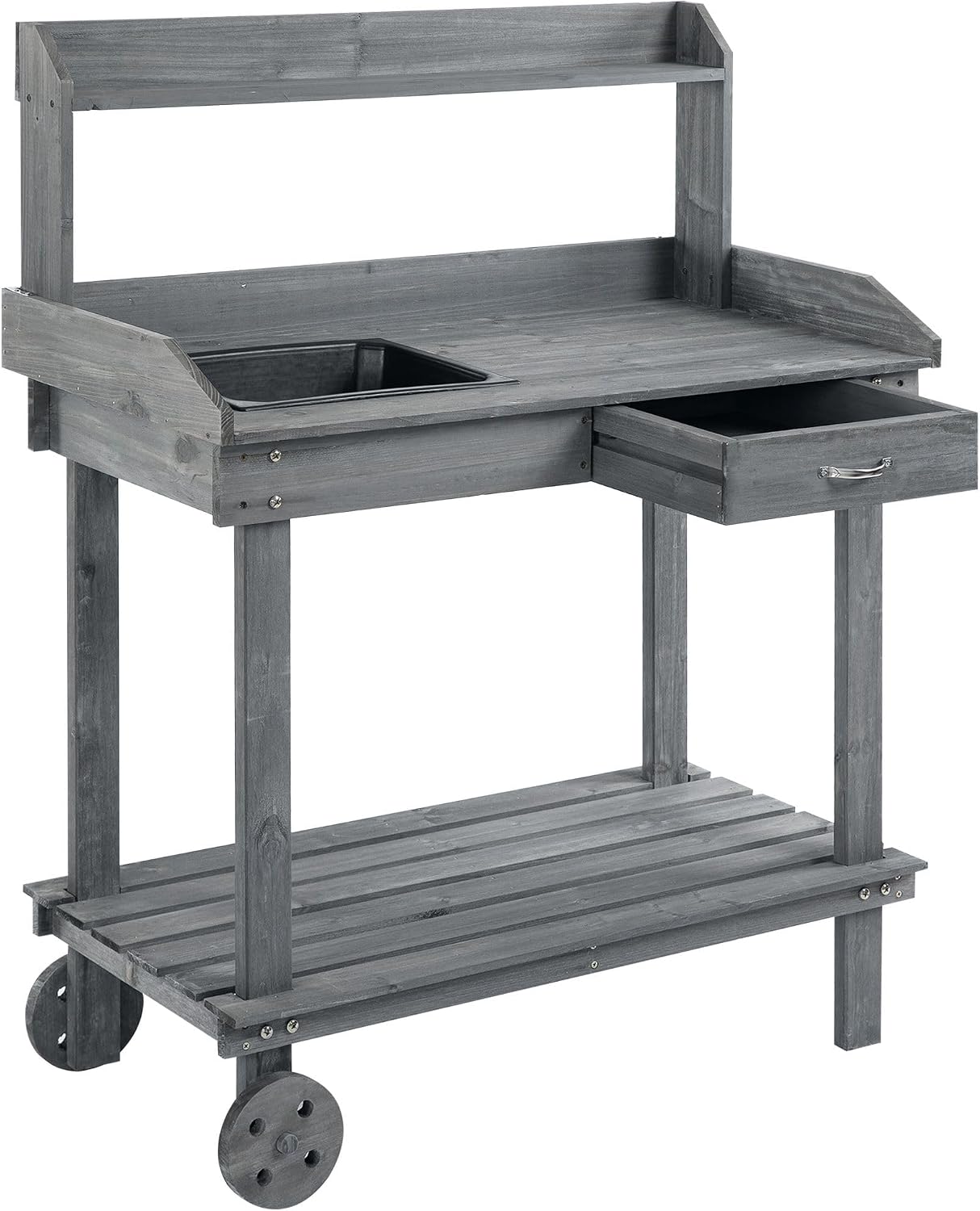 30x24x36in All-Round Potting Bench with Casters Stainless Steel Sink Roller Drawer Storage Compartment Solid Oak Beige Gray