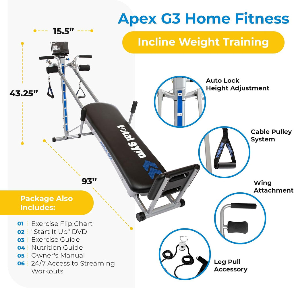 Total Gym Apex G3, Slim-Frame Incline Bodyweight Training Home Exercise Machine w/ 8 Levels of Resistance, Squat Stand, & Basic Accessory Set