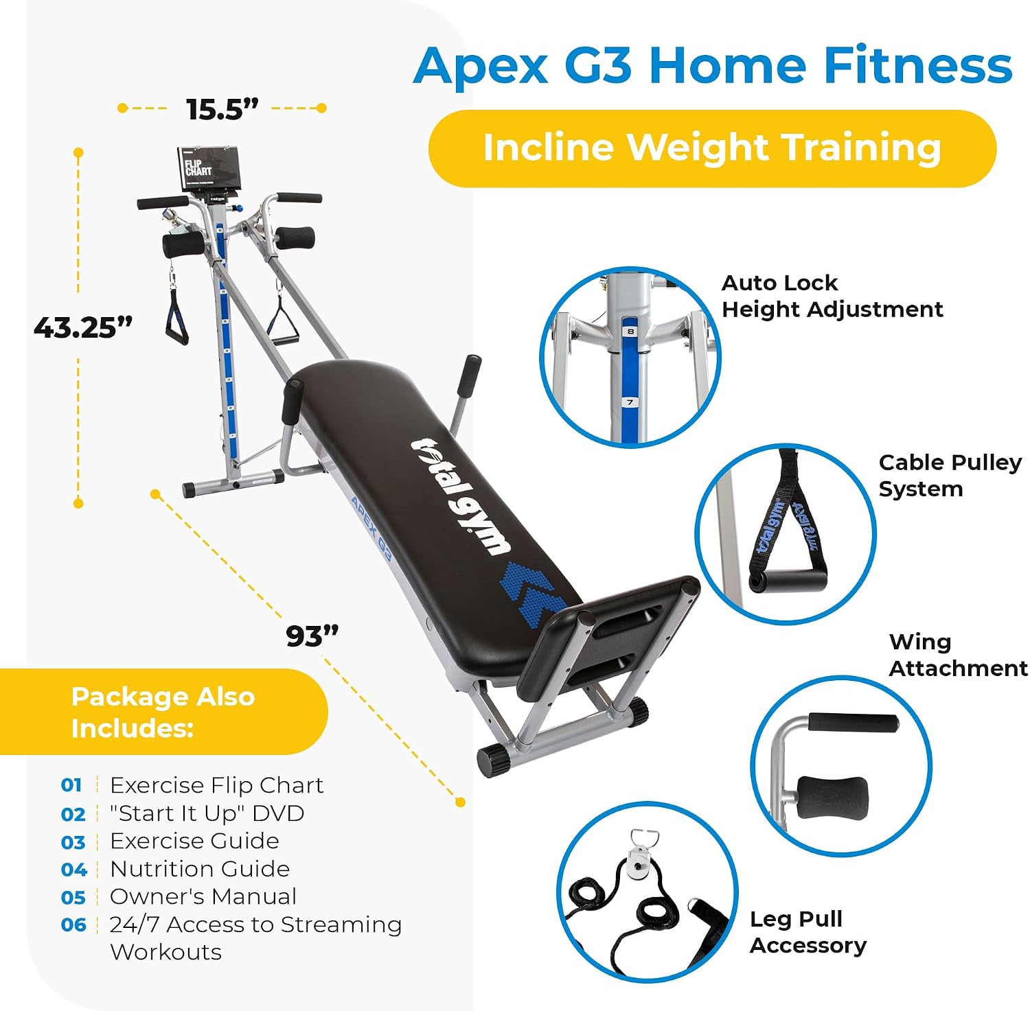 Total Gym Apex G3, Slim-Frame Incline Bodyweight Training Home Exercise Machine w/ 8 Levels of Resistance, Squat Stand, & Basic Accessory Set