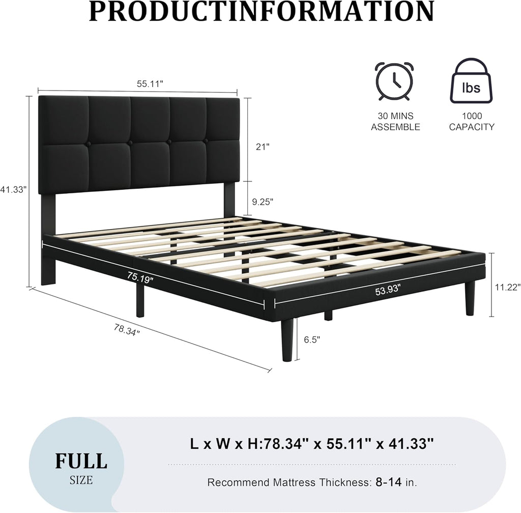 IOILORI Full Size Bed Frame with Headboard,Upholstery Bed Frame Full,Sturdy Full Bed, No Box Spring, Easy to Assemble,Black