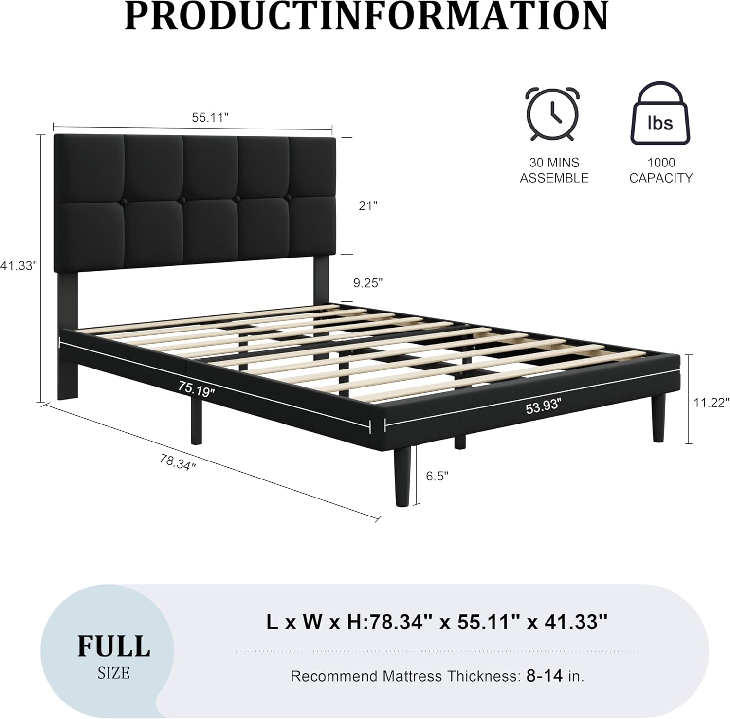IOILORI Full Size Bed Frame with Headboard,Upholstery Bed Frame Full,Sturdy Full Bed, No Box Spring, Easy to Assemble,Black