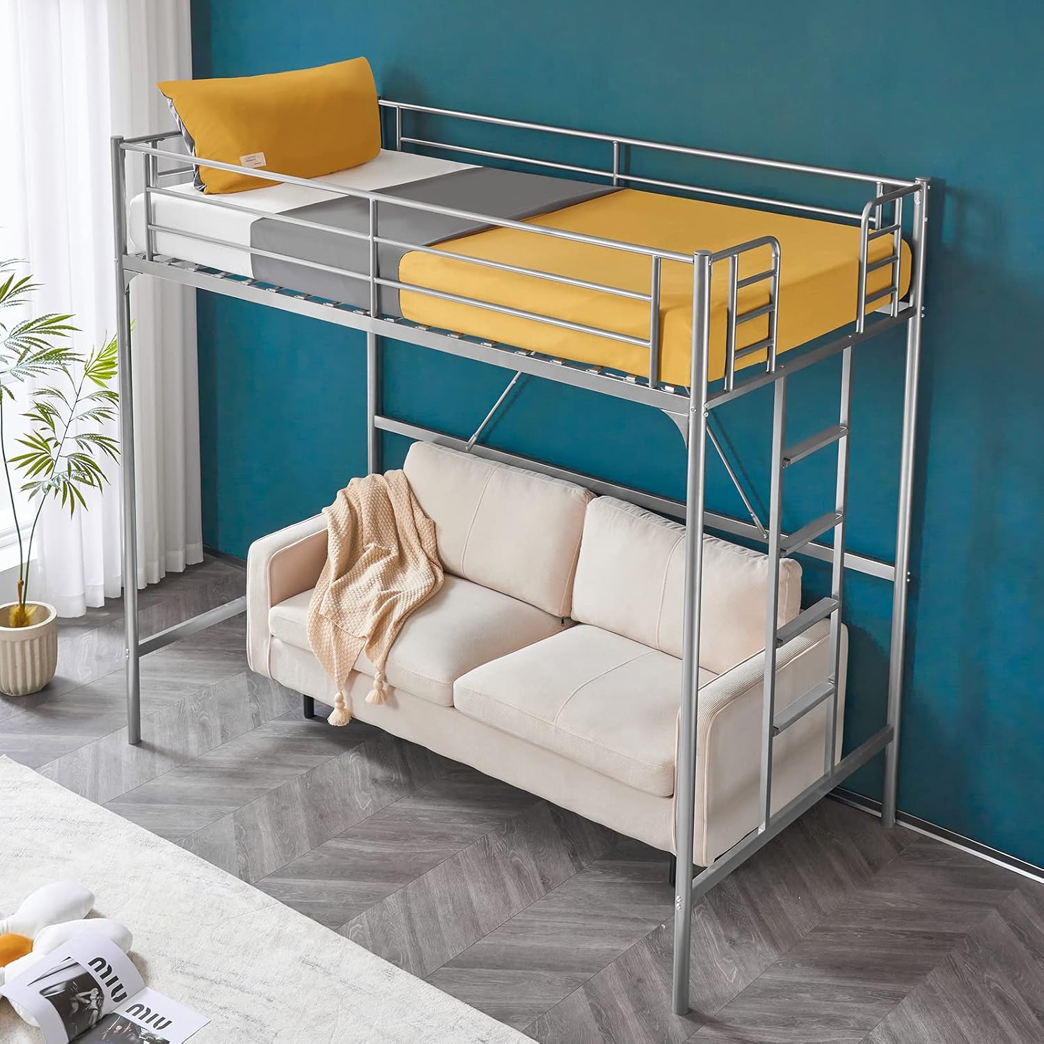 VINGLI Twin Loft Bed with Stairs Flat Steps for Kids, Adults Single Bed Space Saver Metal Loft, No Box Spring Required, Gray