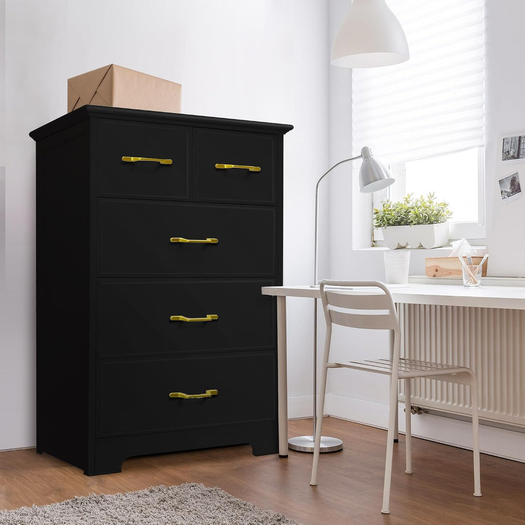 NEDYO 5 Drawer Dresser, Modern Tall Drawer Chest, Wooden Storage Organizer Cabinet for Bedroom, Living Room, Hallway, Entryway, Office. Black