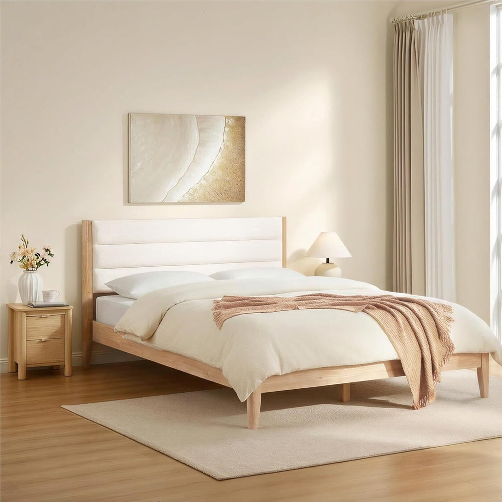 A Complete Set of Full-Size Furniture, Featuring A Wooden Bed Frame with Two Bedside Tables, Suitable for A Bedroom.(Cream)