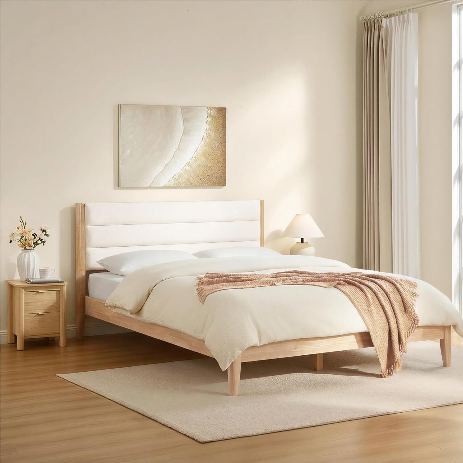 A Complete Set of Full-Size Furniture, Featuring A Wooden Bed Frame with Two Bedside Tables, Suitable for A Bedroom.(Cream)