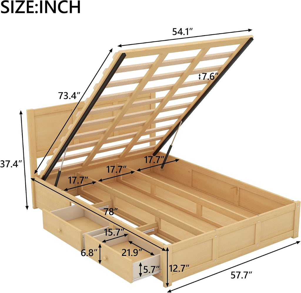 Harper & Bright Designs Full Size Bed with Storage Underneath and Headboard, Wood Lift Up Storage Bed Frame, Full Platform Bed with 2 Drawers, No Box Spring Needed, Easy Assembly - Natural