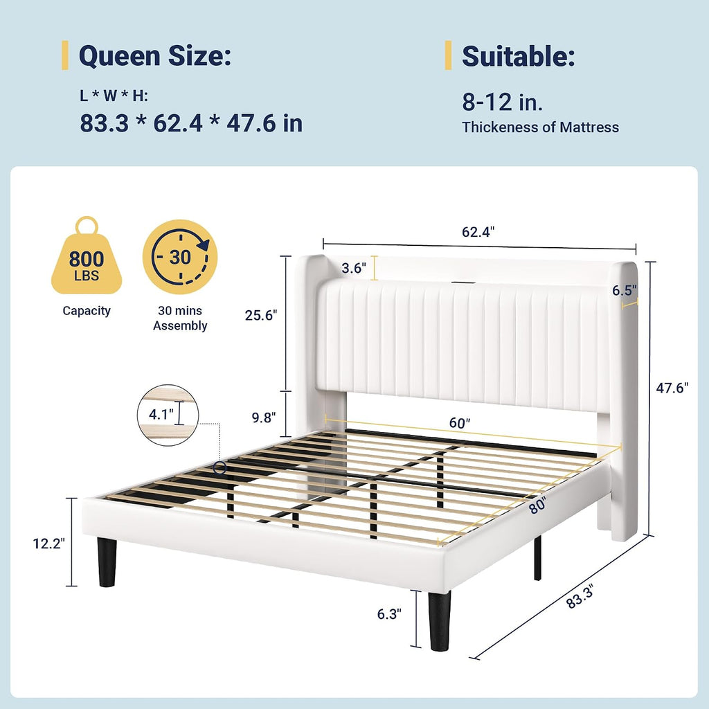 Allewie Queen Size Platform Bed Frame with USB Charging Station and Storage Shelf/Upholstered Velvet Wingback Headboard/Wooden Slats Support/No Box Spring Needed/Easy Assembly, White