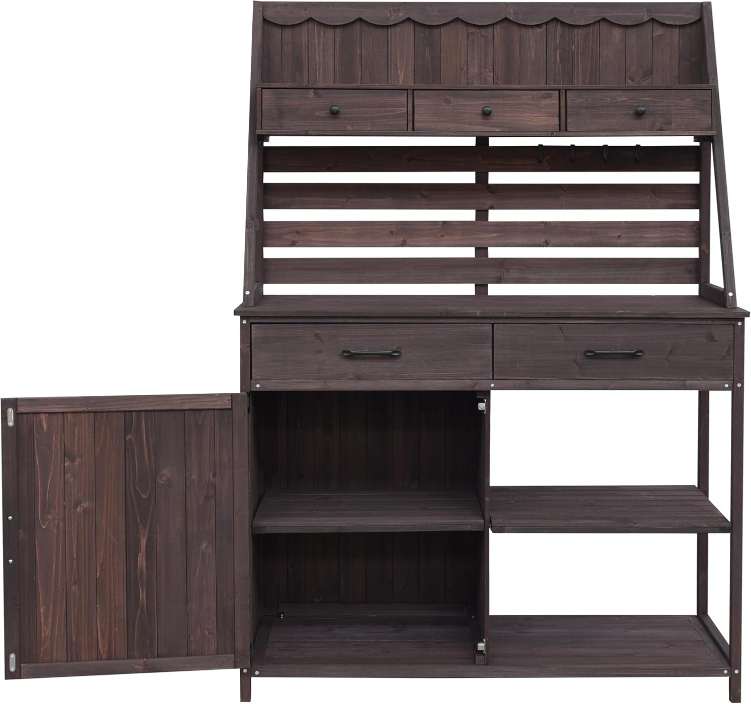 Outdoor Farmhouse Fir Wood Potting Bench Table,5-Drawer Garden Workstation with Slatted Back Panel & Storage Cabinet for Backyard, Mudroom