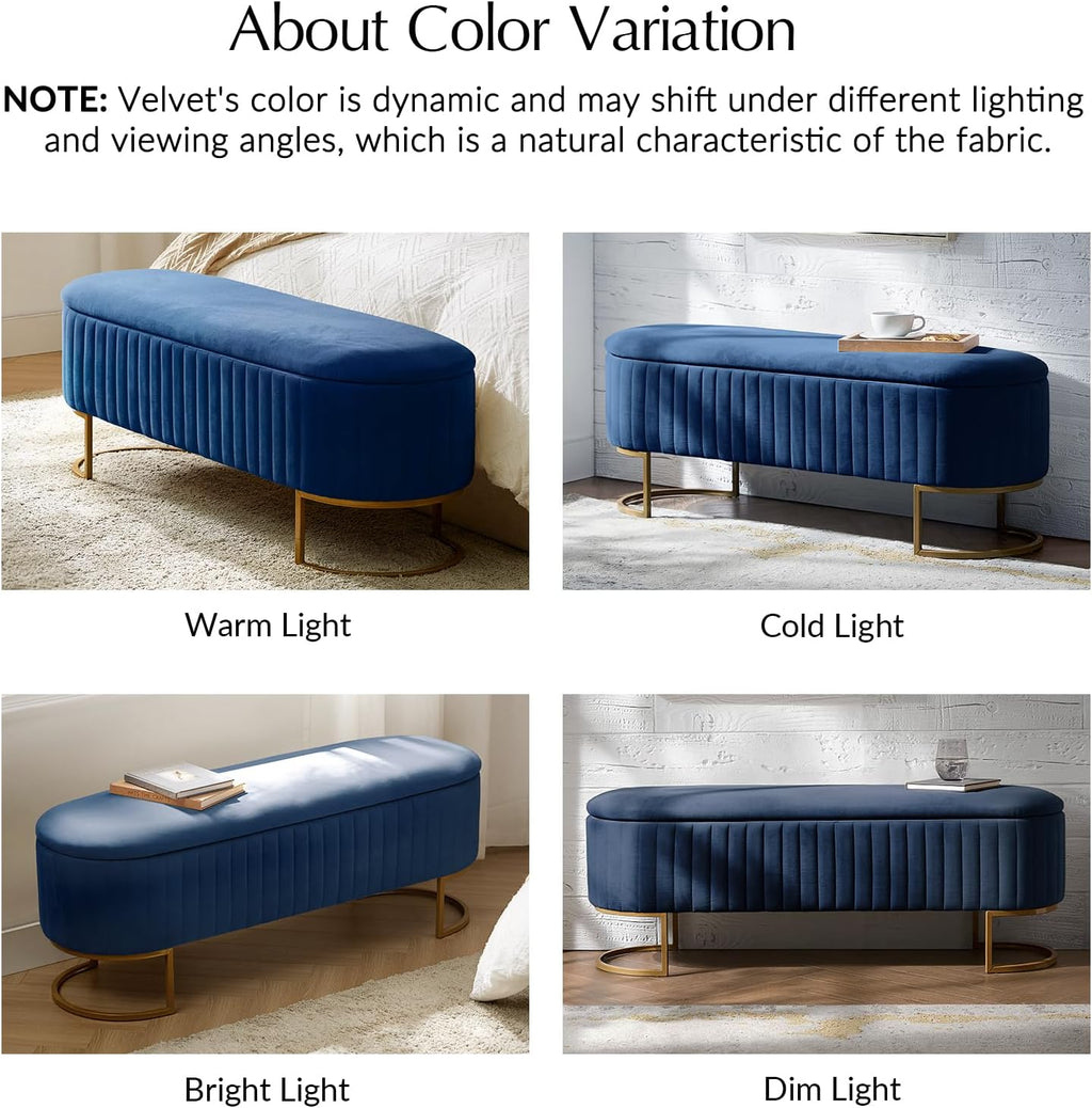 EcoHarbor Living 50.5' Velvet Bedroom Storage Bench Ottoman, Upholstered End of Bed Bench with Gold Legs, Flipping Lid Entryway Footrest Seat, Navy