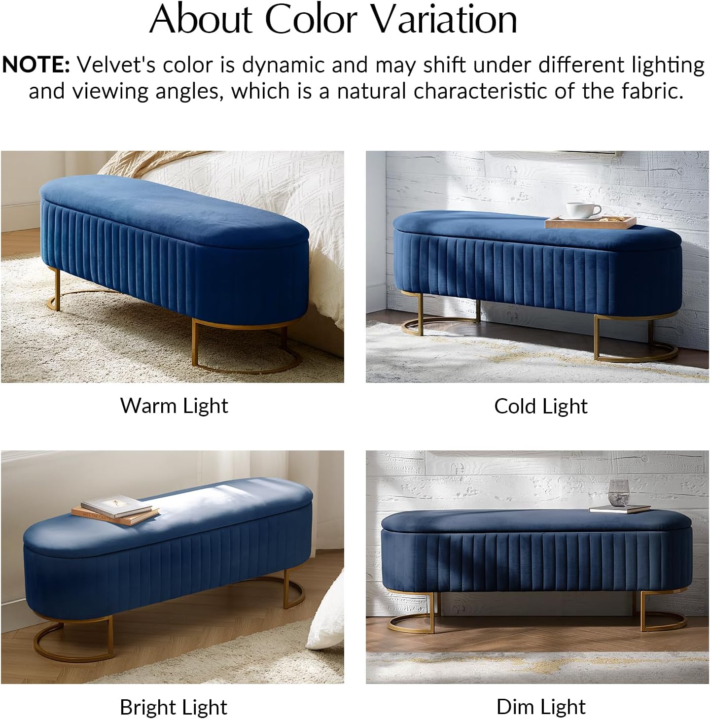 EcoHarbor Living 50.5' Velvet Bedroom Storage Bench Ottoman, Upholstered End of Bed Bench with Gold Legs, Flipping Lid Entryway Footrest Seat, Navy