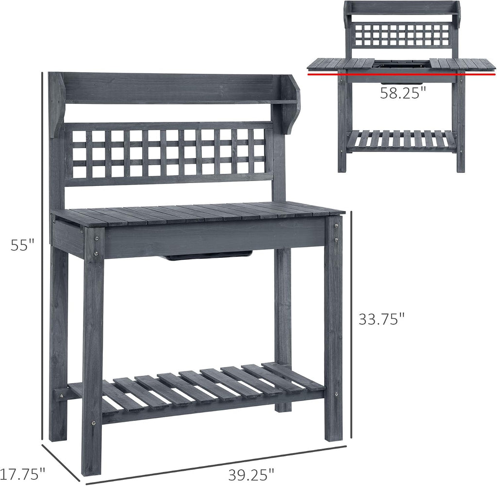 GOWE Wooden Workstation,Outdoor Potting Bench Table,with Sliding Tabletop,Storage Shelf and Dry Sink,for Greenhouse,Garden,Patio