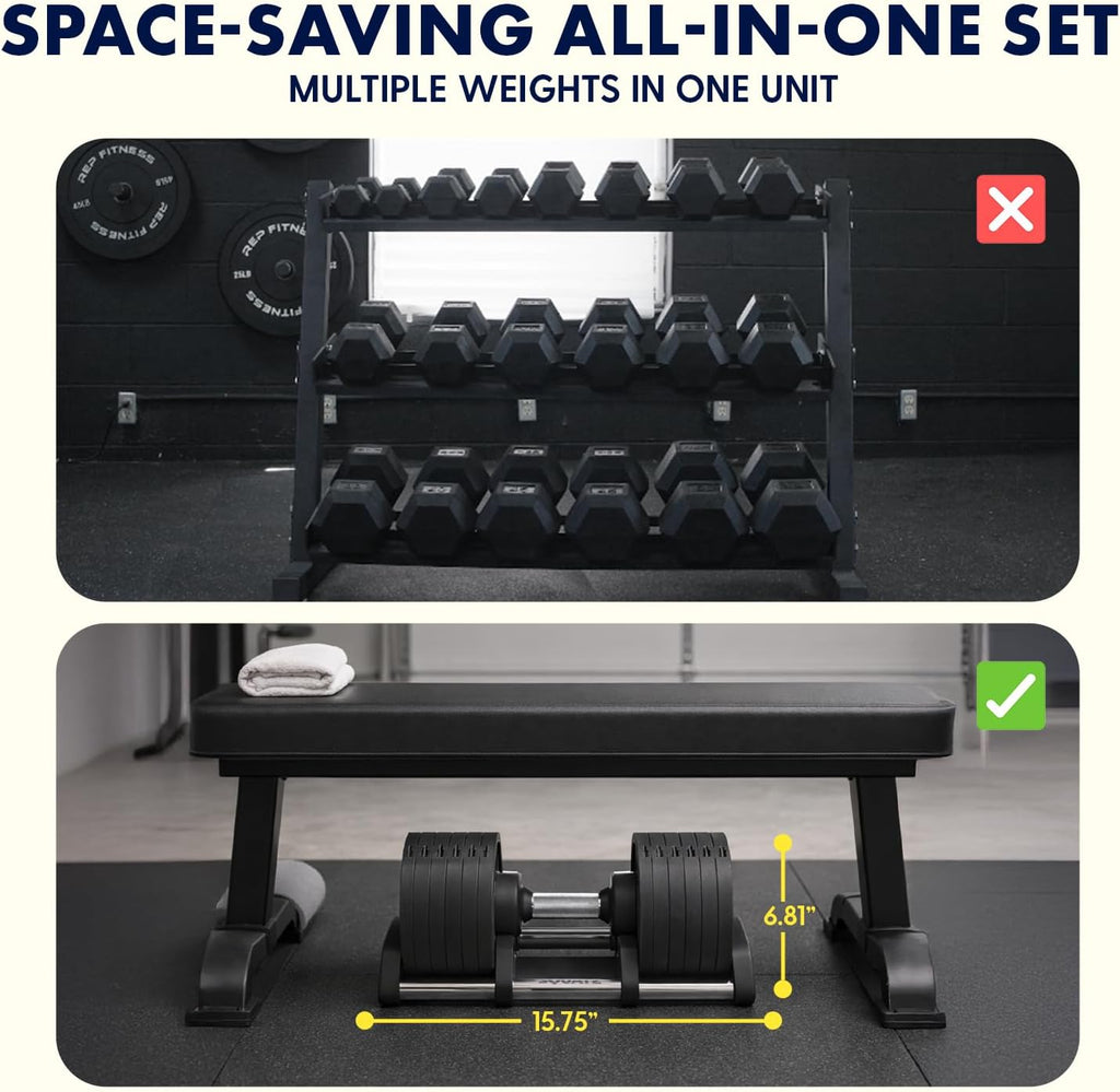 SQUATZ Adjustable Dumbbells with Quick Weight Change, Space-Saving Dumbbell Set with Anti‑Slip Handle, Secure Locking System, Heavy‑Duty Plates & Base for Home Workout and Strength Training