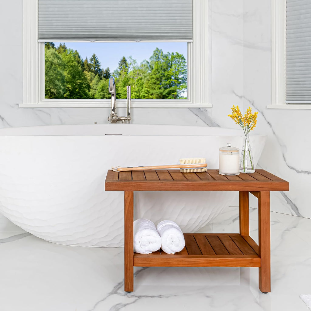 Best Home Fashion Teak Shower Bench Table with Shelf, Large Side Table for Bathroom and Spa - 14' W x 30' L x 18' H