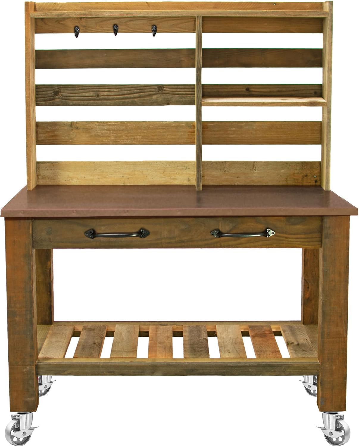 Copper Potting Table, Outdoor Garden Buffet Table and Patio Island, Gardening Workbench, Copper Table-Top with Black Iron Castors & Brakes (with Tool Hooks and Drawer Pulls, 5in Galvanized Casters)