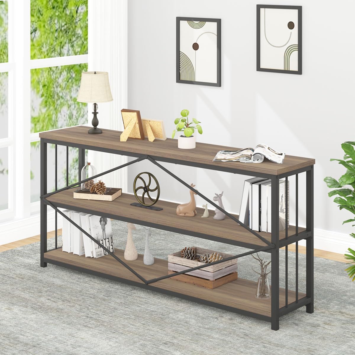IBF Industrial 3 Tier Bookshelf, Rustic Low Wood and Metal Book Shelf, Farmhouse Long Wide Open Horizontal Bookcase, Modern Large Vintage Etagere for Home Office Bedroom Living Room, Rustic Oak, 63 In