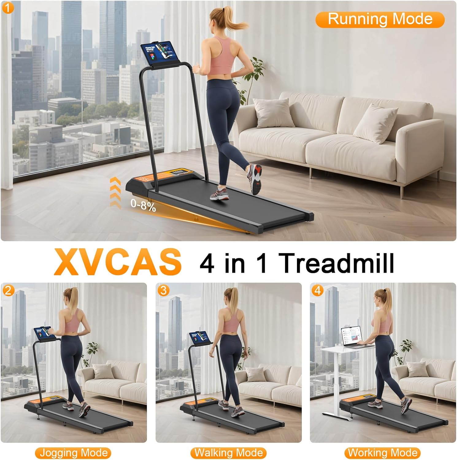 Walking Treadmill Pad with Handle Bar, Silent Fitness Equipment, Treadmill with 4-in-1 Modes, Easy Assembly, Portable Home Gym Equipment