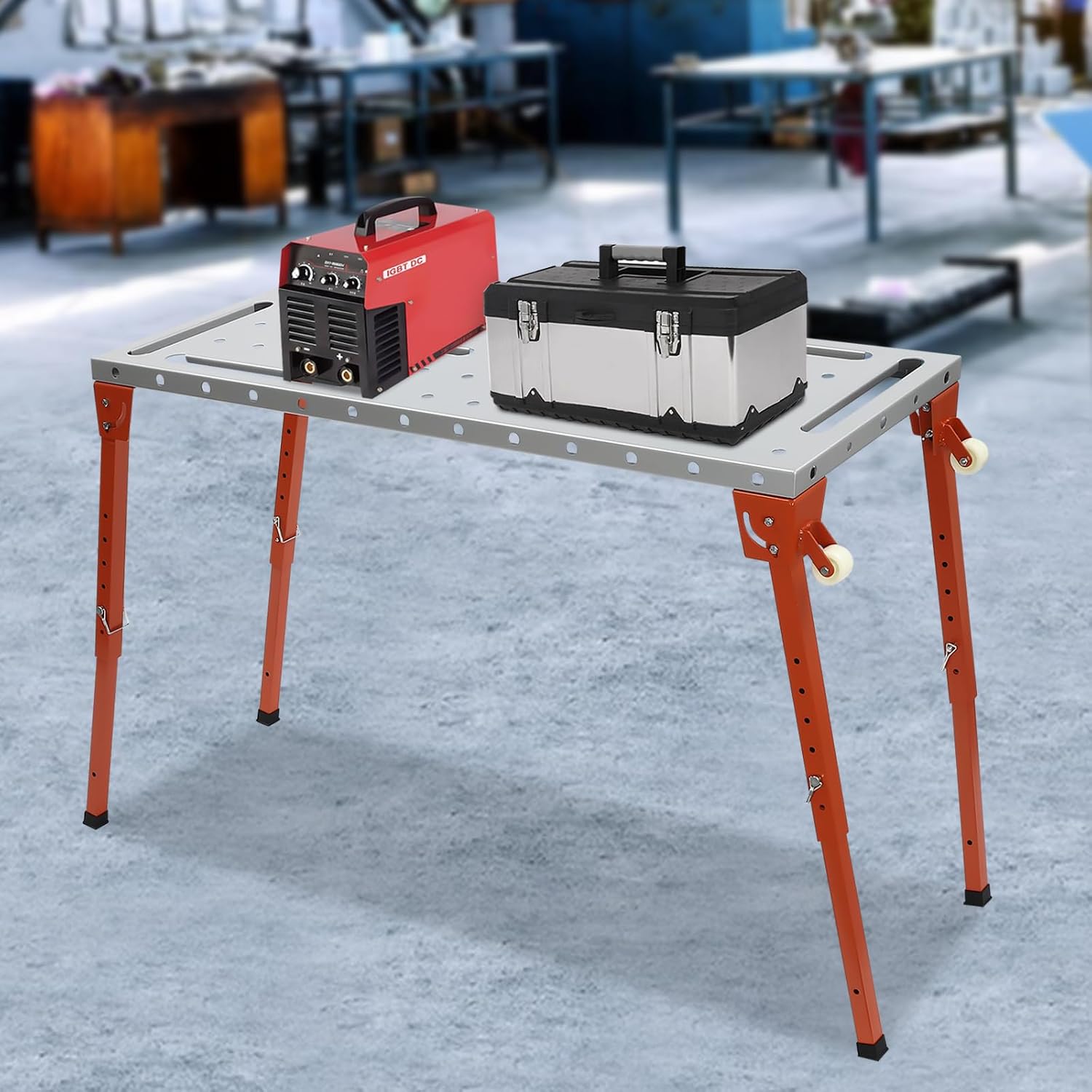Welding Table Portable Work Bench Folding Workbench Adjustable Height Desk 46 * 18In Cart with 4Adjustable & Foldable Legs+2Casters Handles Steel 1000Lbs Weight-Carrying Capacity