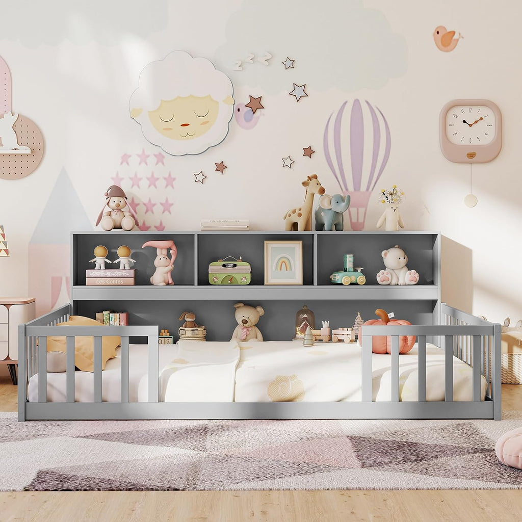 Giantex Full Size Floor Bed for Kids, Wooden Montessori Bed Frame with Bookcase, Storage Shelves & Safety Fence Rails, Floor Beds Full for Girls, Boys, No Box Spring Needed, Without Slats, Grey