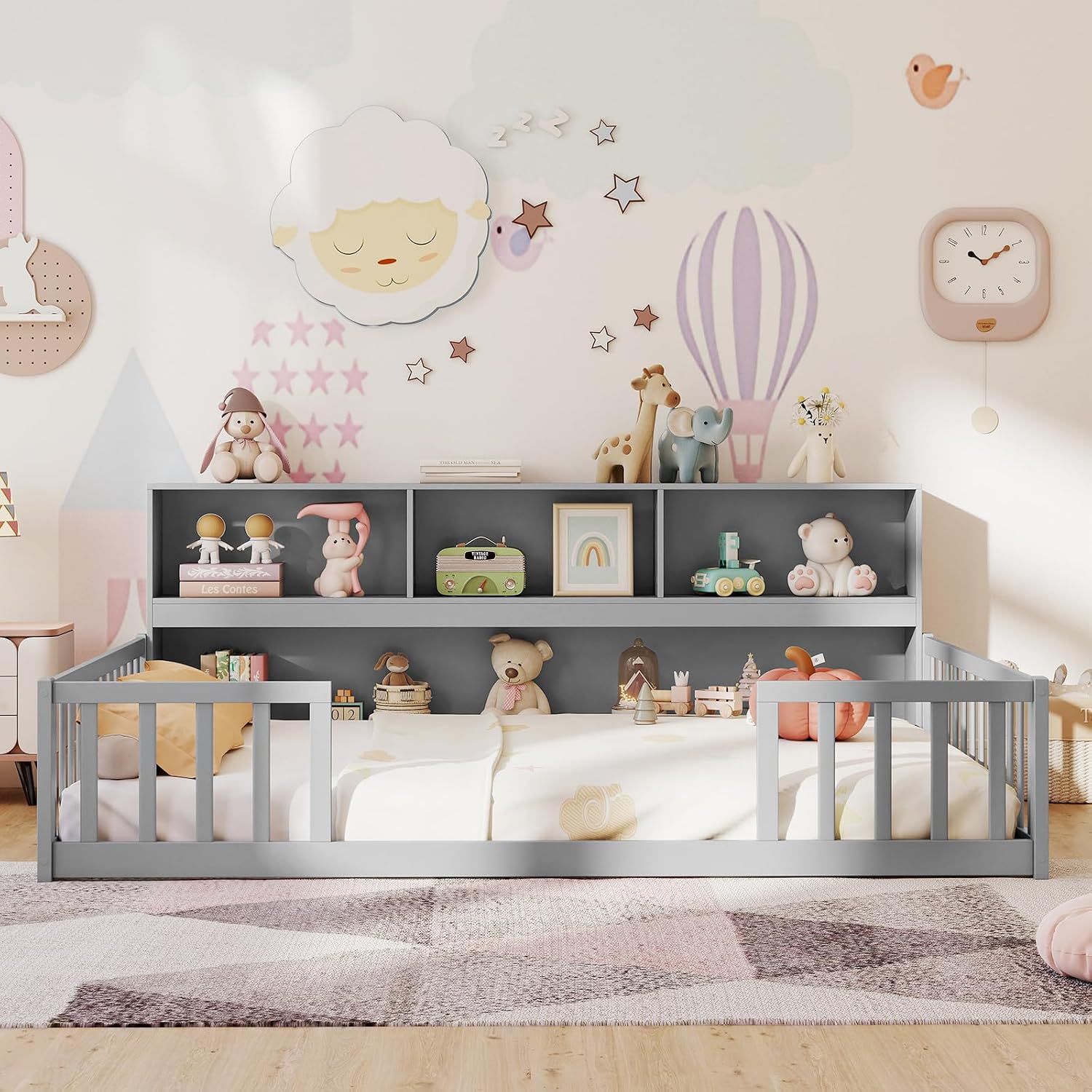 Giantex Full Size Floor Bed for Kids, Wooden Montessori Bed Frame with Bookcase, Storage Shelves & Safety Fence Rails, Floor Beds Full for Girls, Boys, No Box Spring Needed, Without Slats, Grey