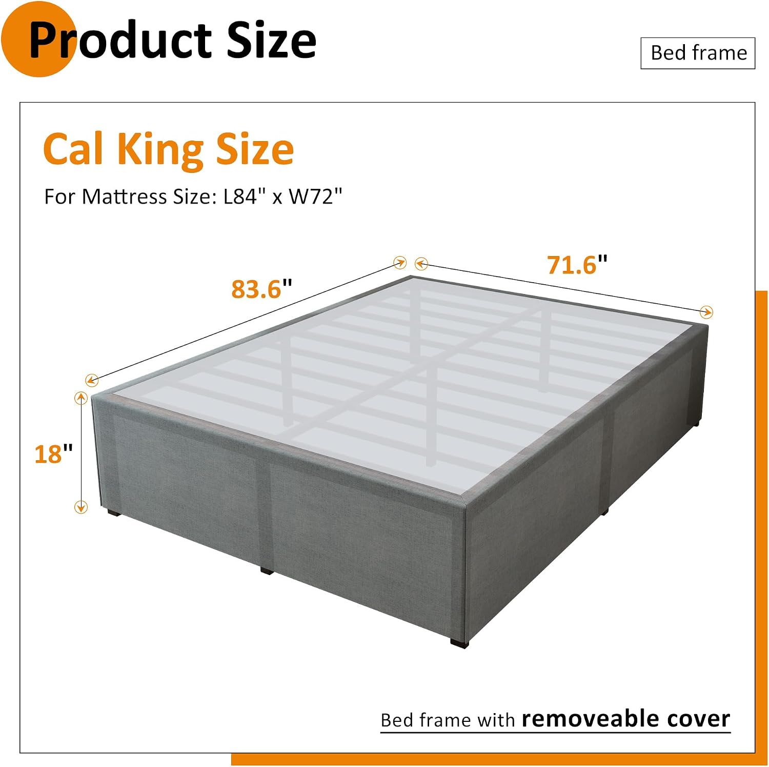 Maenizi California King Bed Frames with Fabric Cover, 18 Inch Heavy Duty Metal Platform Support Up to 3000 lbs with Steel Slat, No Box Spring Needed, Easy Assembly, Noise Free, Black