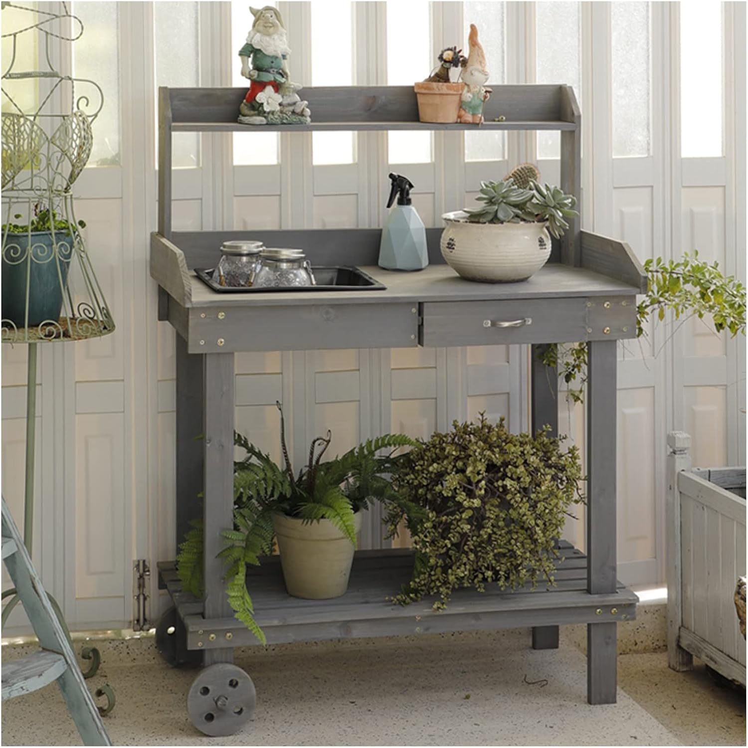 Drawer Rack Shelves Work Station Potting Table Work Bench Potting Table with Sink Garden Work Station Planting Bench (Grey 92x45x140cm)