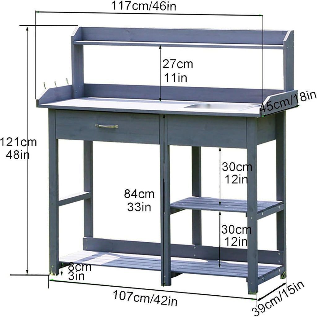 Garden Potting Bench Table, Wooden Workstation Table with Removable Stainless Steel Sink, Open Shelves, All-Weather Garden Table Work Station with Storage Drawers and Side Hooks(Color:Blue)